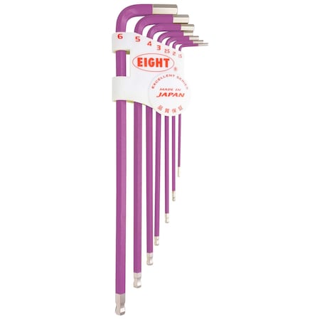 Eight Tool TAPER HEAD HEX KEY L-HANDLE EXTRA LONG SET, 7PC 1.5-6MM PRPL TLC-S7PU